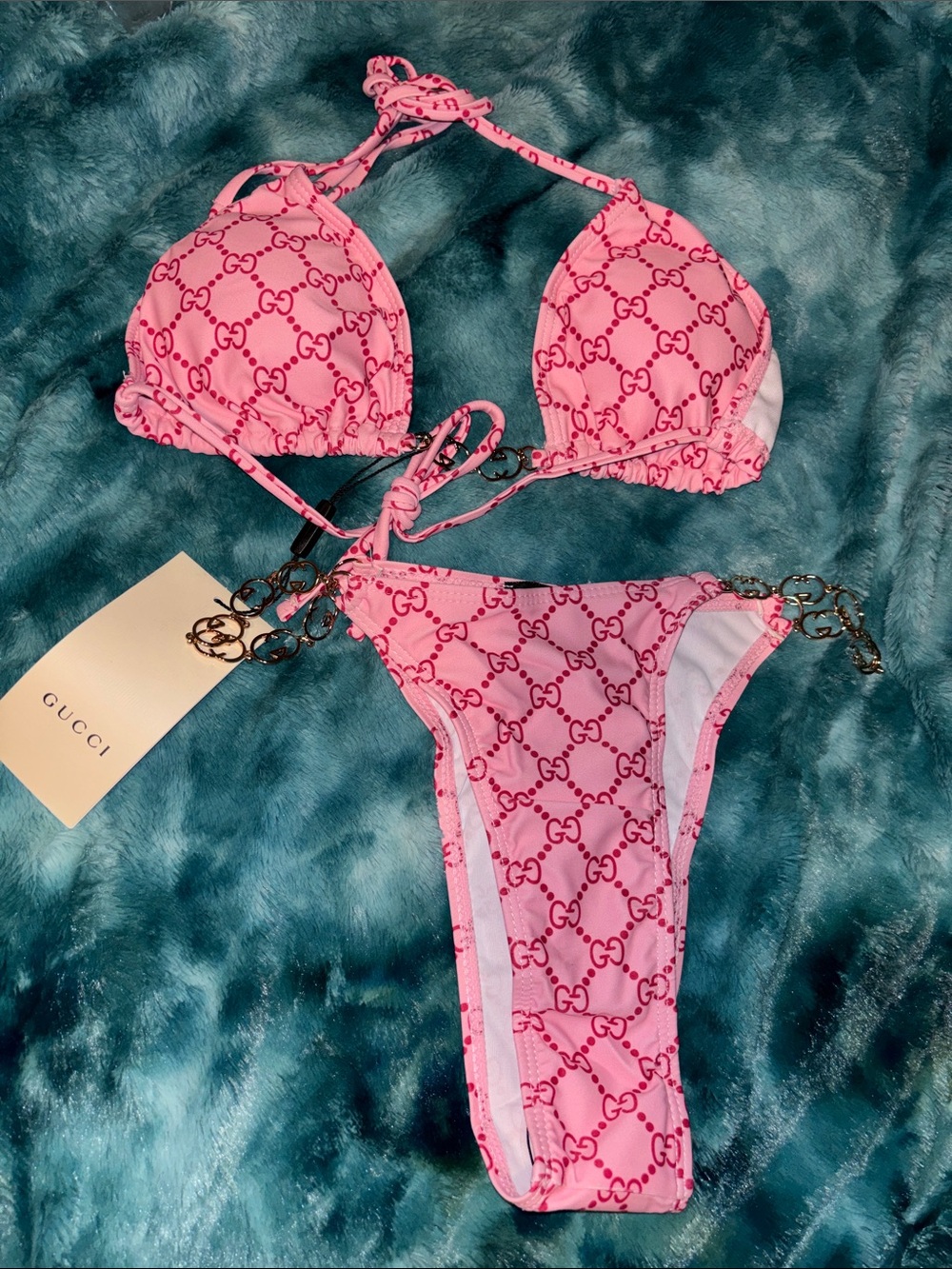 Gucci Pink Logo Chain-Accent Triangle Bikini